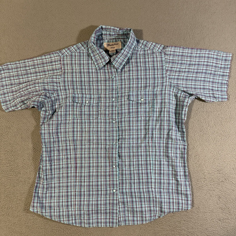 Wrangler Plaid Western Shirt Womens XL Short‎ Sleeve Blue Check Pearl Snap